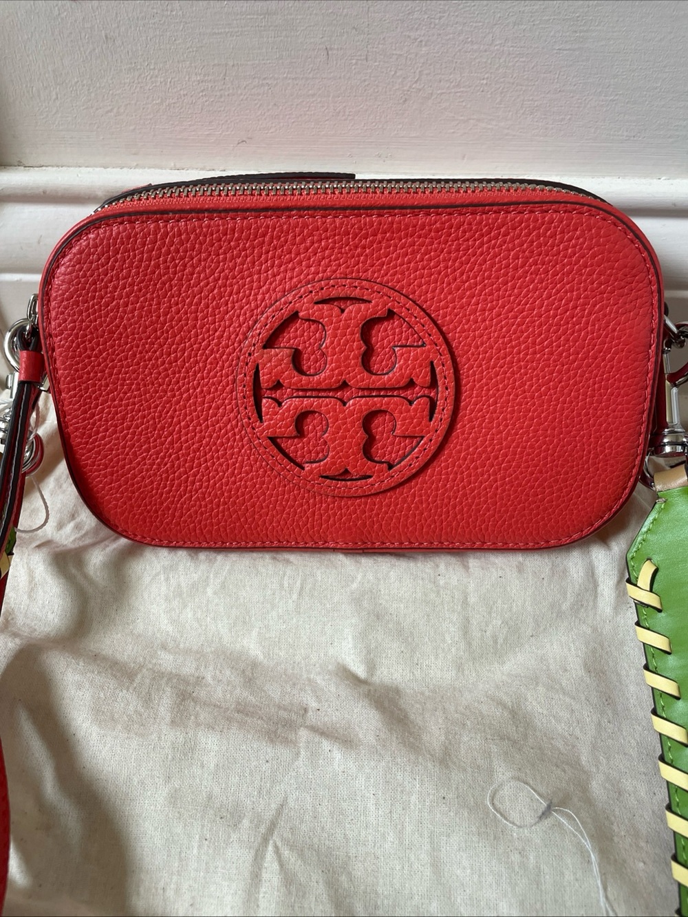 Tory Burch MINI MILLER CROSSBODY Red/Green/Yellow LEATHER 2 STRAP Option New